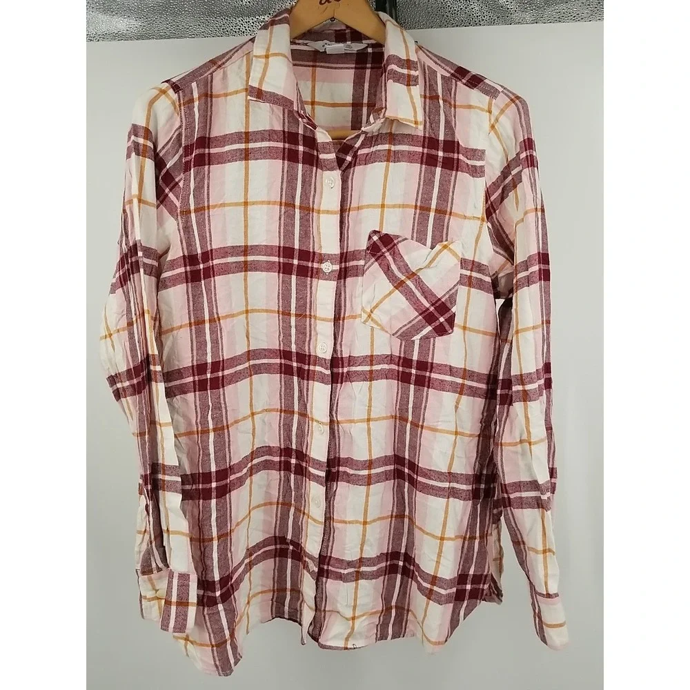 Old Navy Flannel Plaid Tunic‎ Long Sleeve Button Up Shirt Womens L Large - Picture 2 of 6